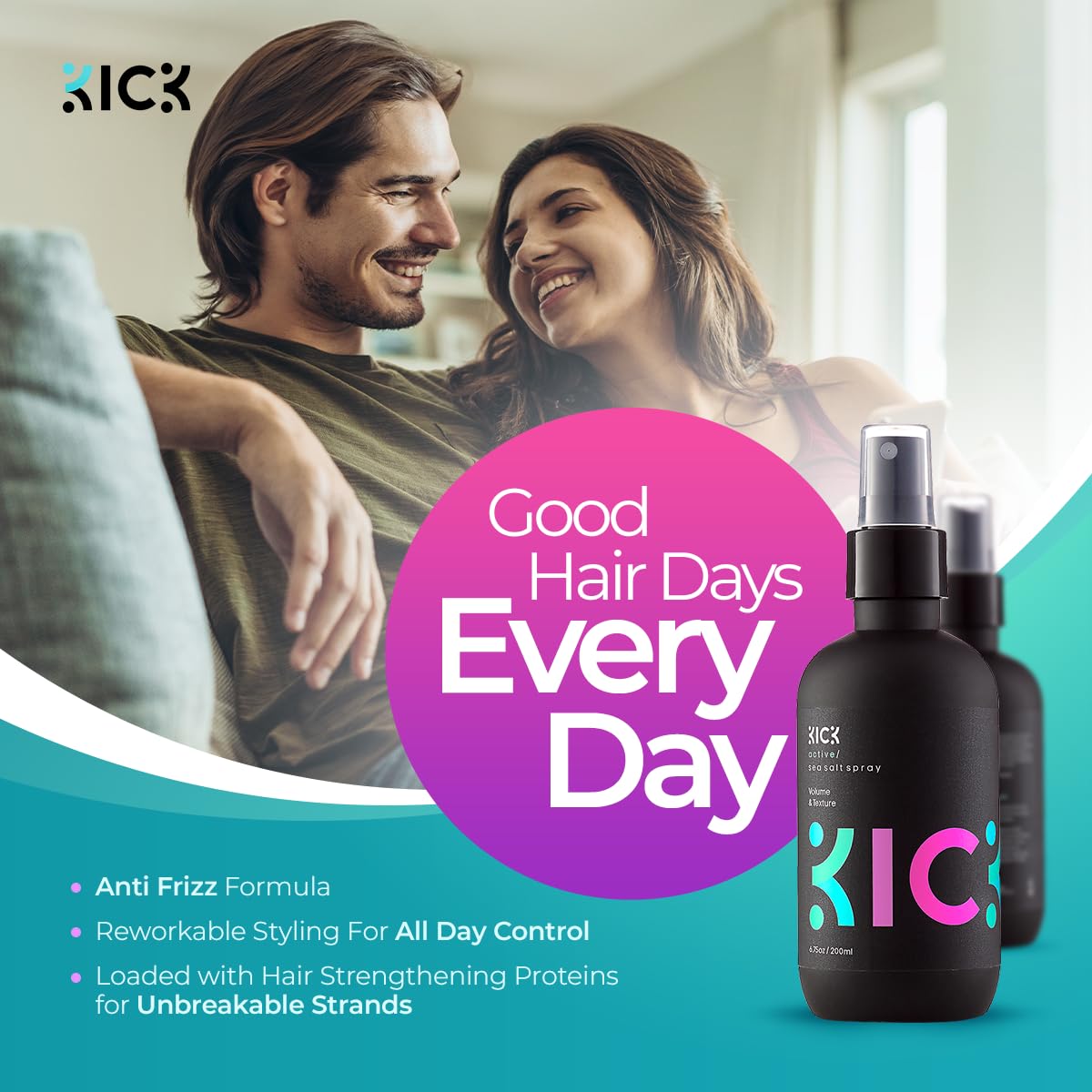 Kick Sea Salt Spray for Men - Texturizing Hair Spray - Beach Waves & Volume | Salt Water Formula for a Surfer Hair Style - Natural Texture & Tousled