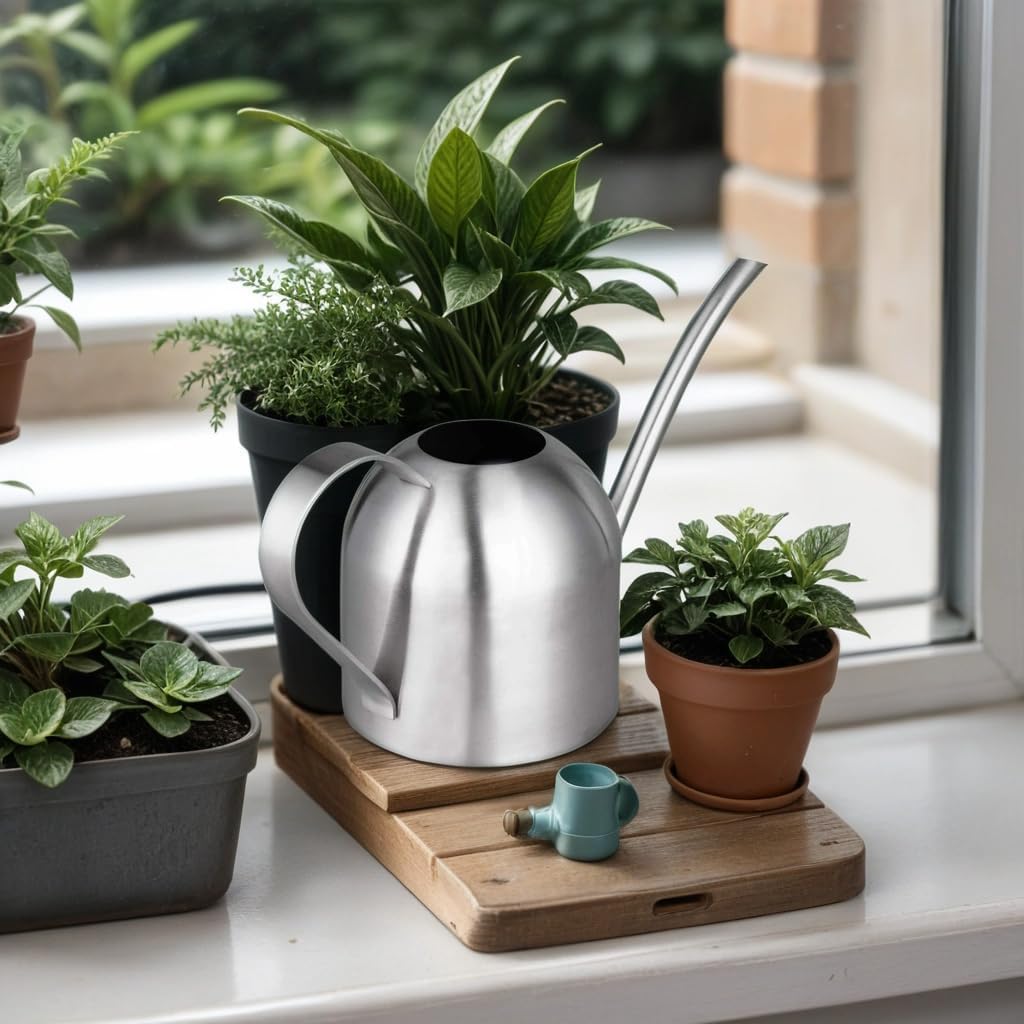 IMEEA Indoor Watering Can for House Plants 33oz/1L Brushed Stainless Steel Watering Can with Long Spout for Succulents, Bonsai