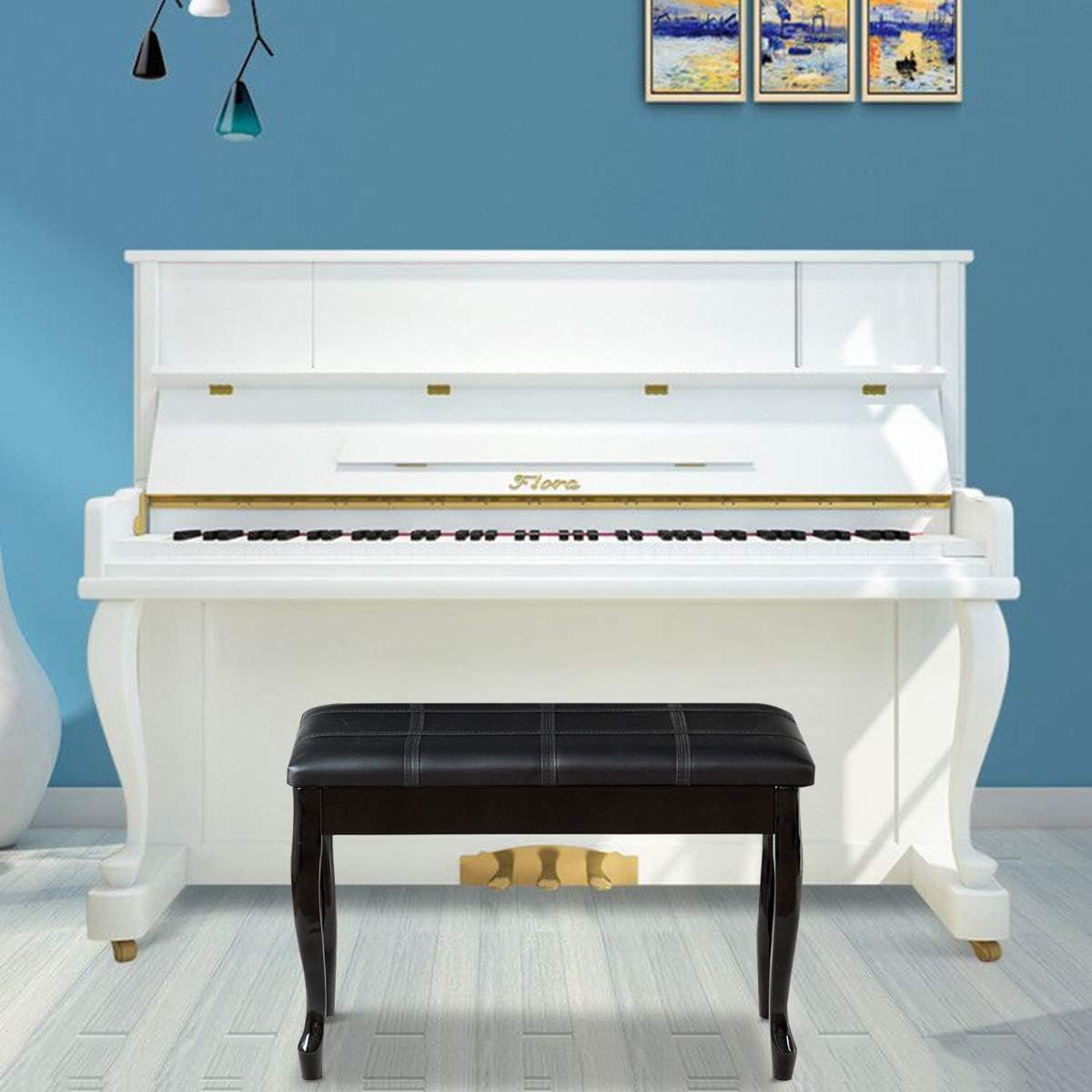 GOFLAME Piano Bench Stool with Padded Cushion and Music Storage, Heavy Duty Piano Duet Seat with PU Leather Padded Seat and Solid Wooden Legs