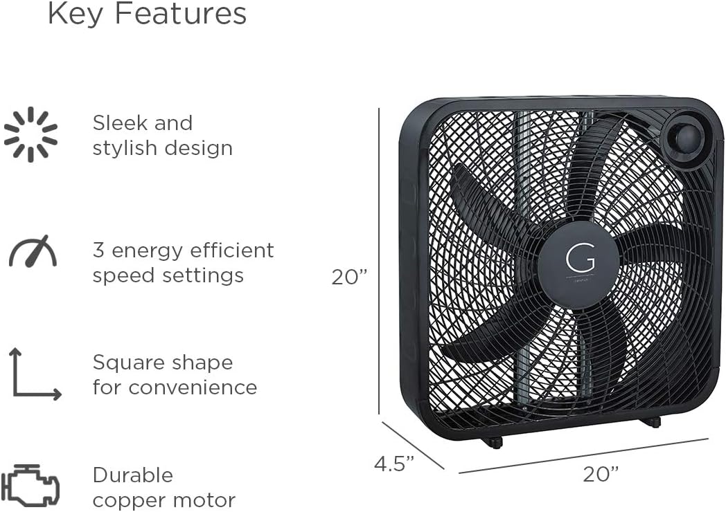 Genesis 20" Box Fan, 3 Settings, Max Cooling Technology, Carry Handle, Black (G20BOX-BLK)
