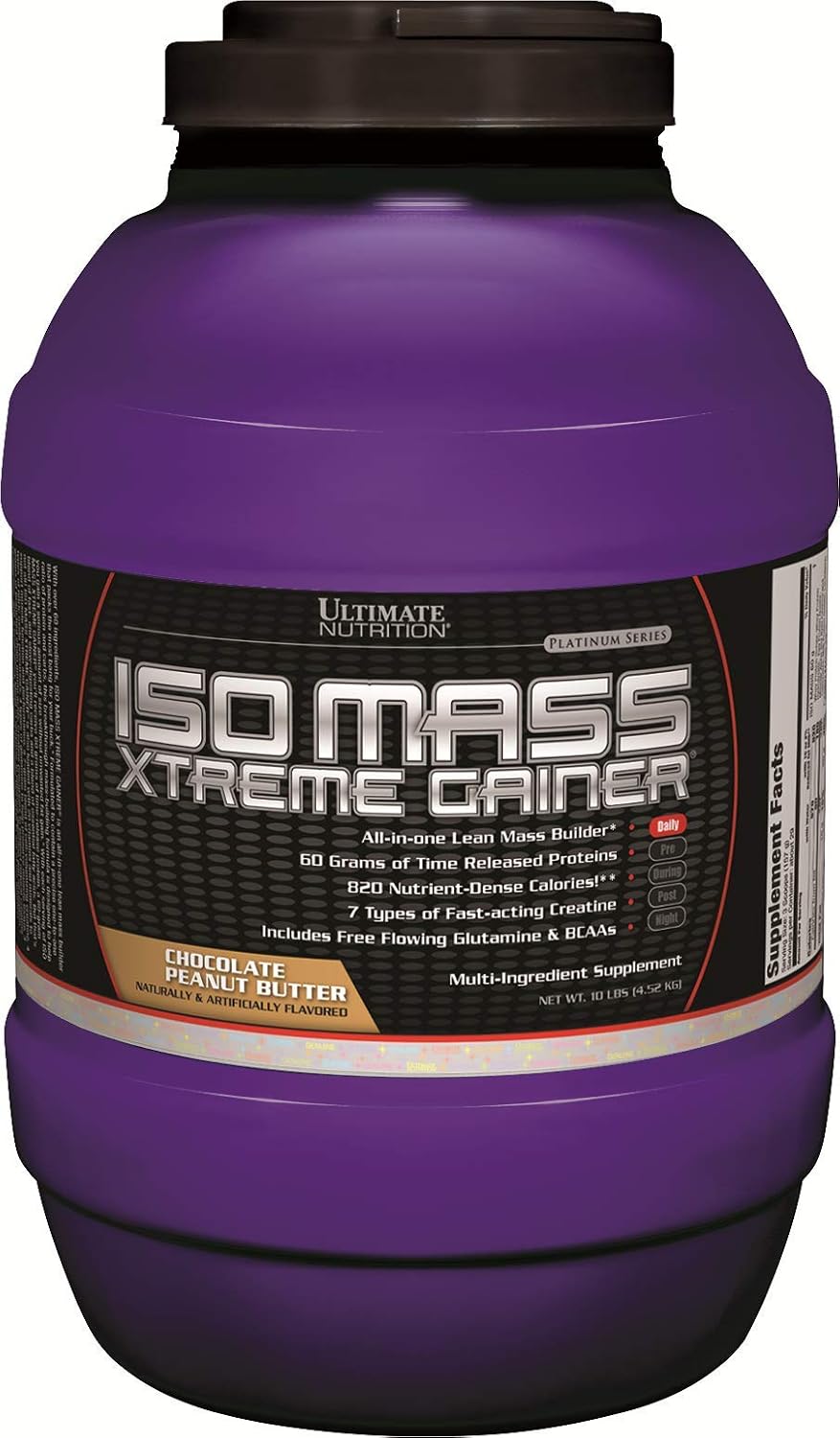 Ultimate Nutrition ISO Mass Xtreme Gainer, Chocolate Milk, 10 lb | 60g Whey Protein Blend, 60g Complex Carbs, 7 Types Of Creatine, 4 Types Glutamine, Lean Mass Gainer For Recovery