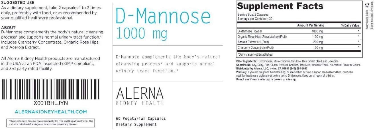 D-Mannose 1000 mg - Urinary Tract Health - with Cranberry Concentrate, Organic Rose Hips, Acerola Extract - 60 Vegetarian Capsules