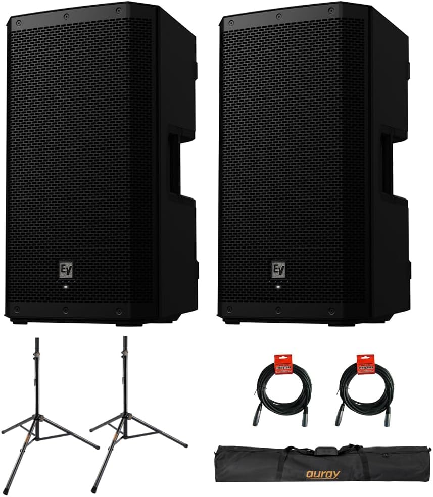 Electro-Voice ZLX-12P-G2 12" 2-Way 1000W Bluetooth-Enabled Powered Loudspeaker (Pair) Bundle with Auray SS-47S-PB Steel Speaker Stands with Carrying
