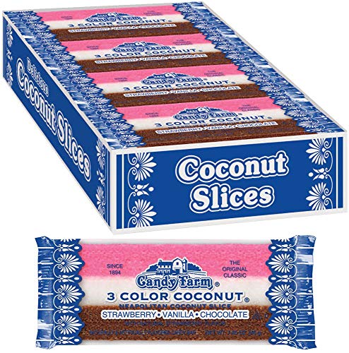 Neapolitan Coconut Slice Candy Bars (Vanilla, Chocolate & Strawberry-striped moist coconut 1.65 Ounce Bars)