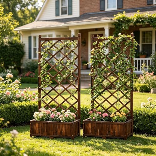 Anraja Raised Garden Bed with Trellis Wooden Flower Standing Planter Box Outdoor Wood Lattice Panels Privacy Screen for Climbing Plant Planting