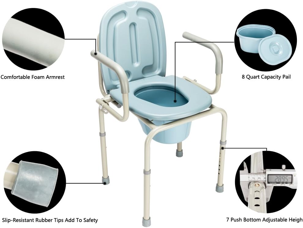 mefeir 450 LBS Drop Arm Bedside Commode Chair, Adjustable Height Toilet Seat with Safety Steel Frame & 8 Quart Pail