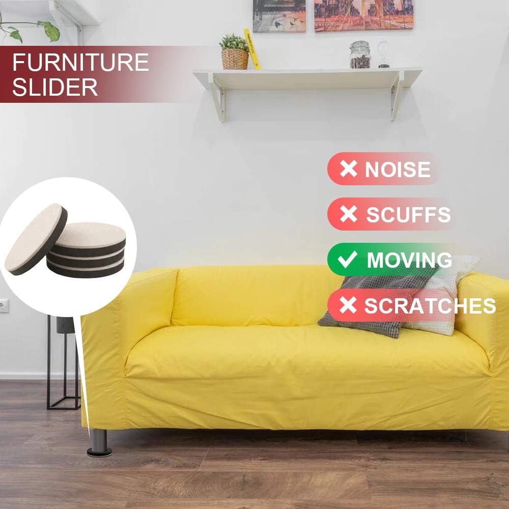 Yelanon Felt Furniture Sliders 20 Pcs 3.5" Round for Hardwood & Tile