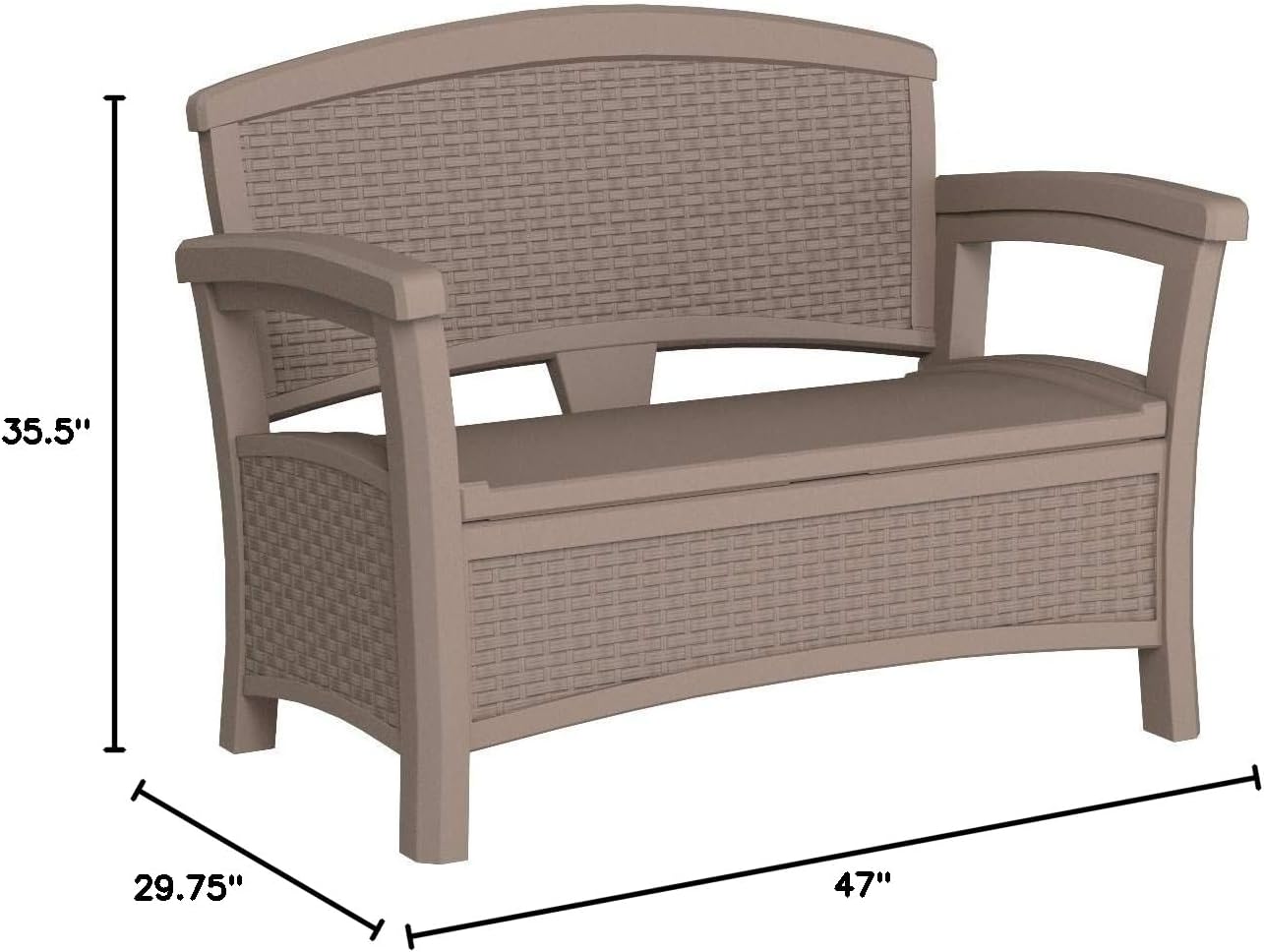 Suncast Outdoor Wicker Love Seat with 23-Gallon Storage, Comfortable Seating for Two, Ergonomic Back Support, All-Weather Furniture for Patio, Deck, and Garden, Java, Made in the USA