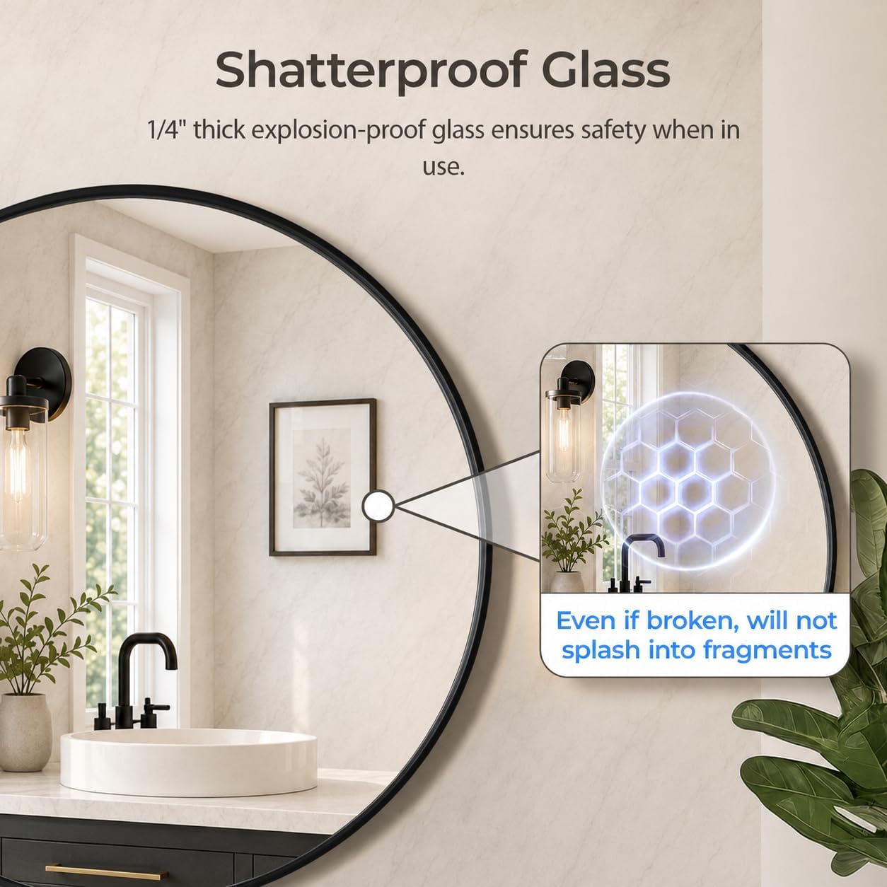USHOWER Frameless Round Bathroom Mirror 24"