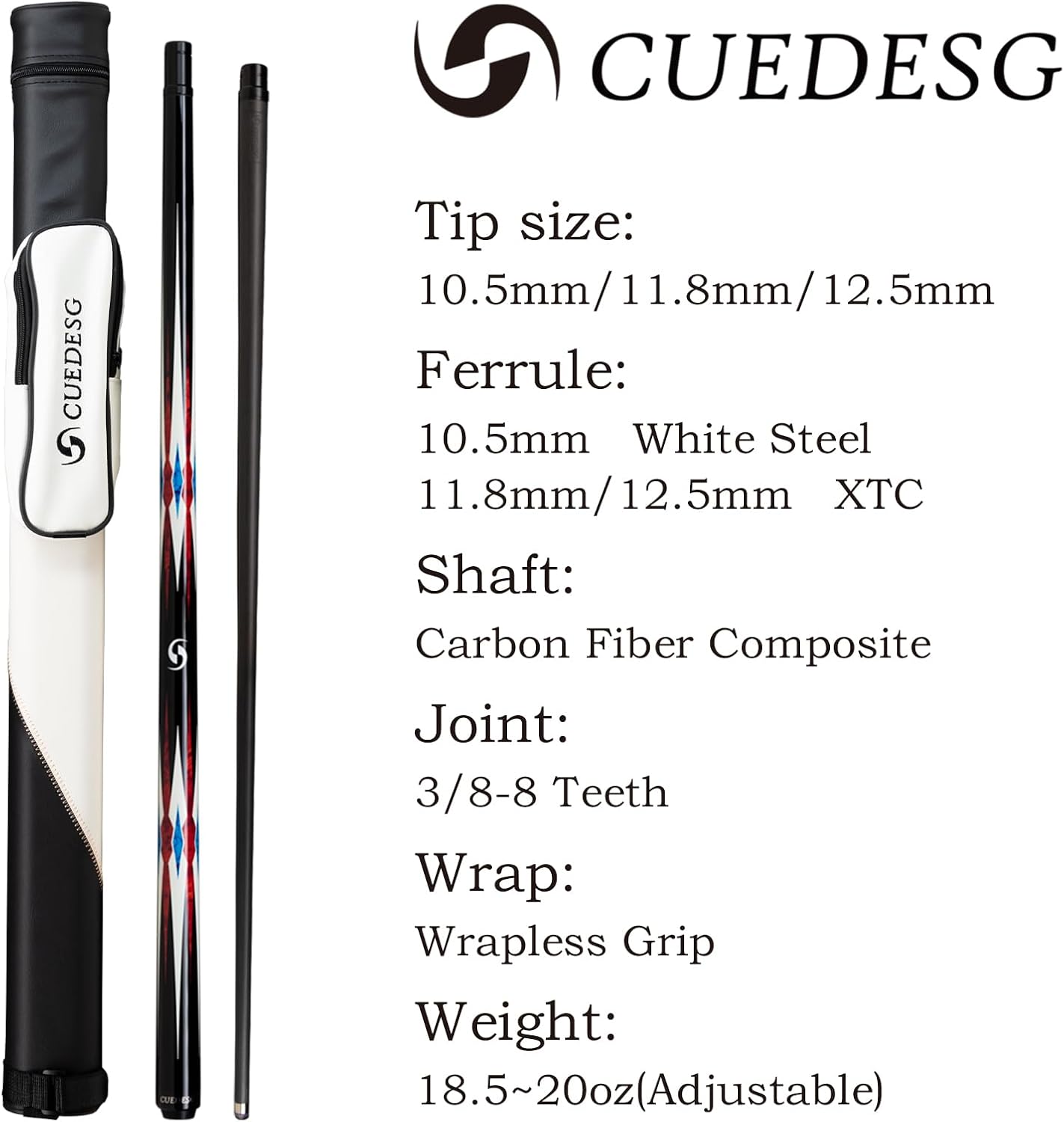 Carbon Fiber Pool Cue Stick 10.5mm/11.8mm/12.5mm,Low Deflection Pool Stick,Professional Cue Stick with Case