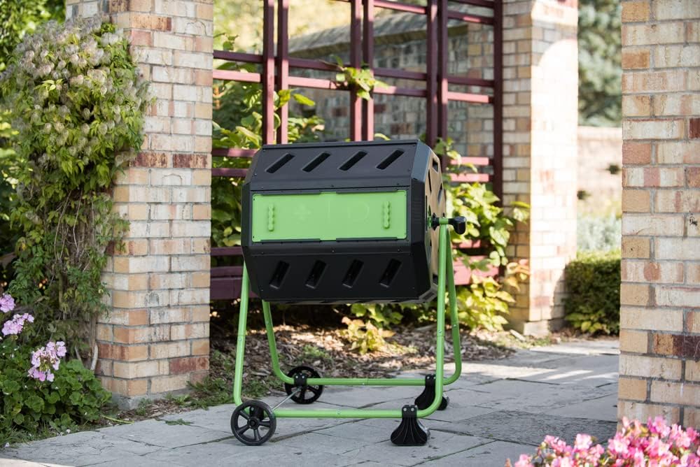 FCMP Outdoor HOTFROG Mobile Dual Chamber Tumbling Composter with Wheels - Outdoor Rotating Garden Compost Bin (HF-IM4000-WK) Black & Green (37-Gallon)
