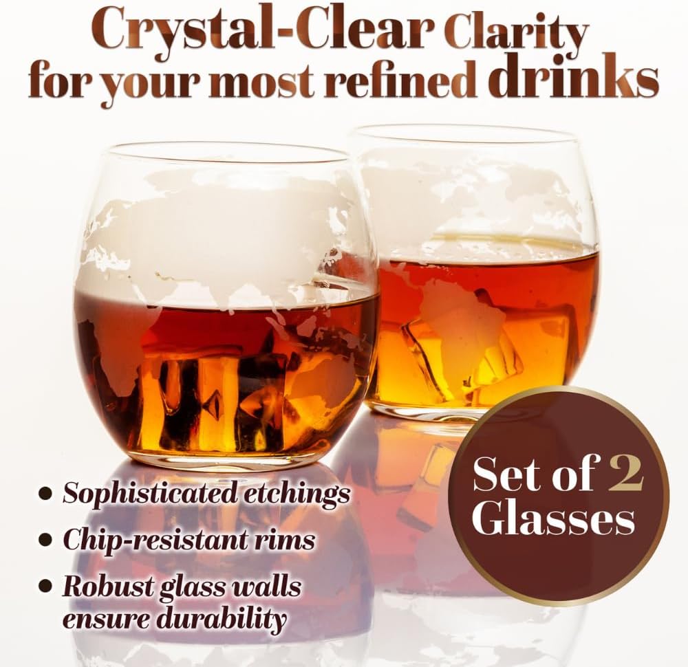 Kemstood Whiskey Decanter Sets for Men - Etched World Globe Design with Wood Stand & 2 Glass - Ideal for Dignified Drinking, Home Decor - Unique Whiskey Gifts for Men - 28 oz / 850 ml Capacity