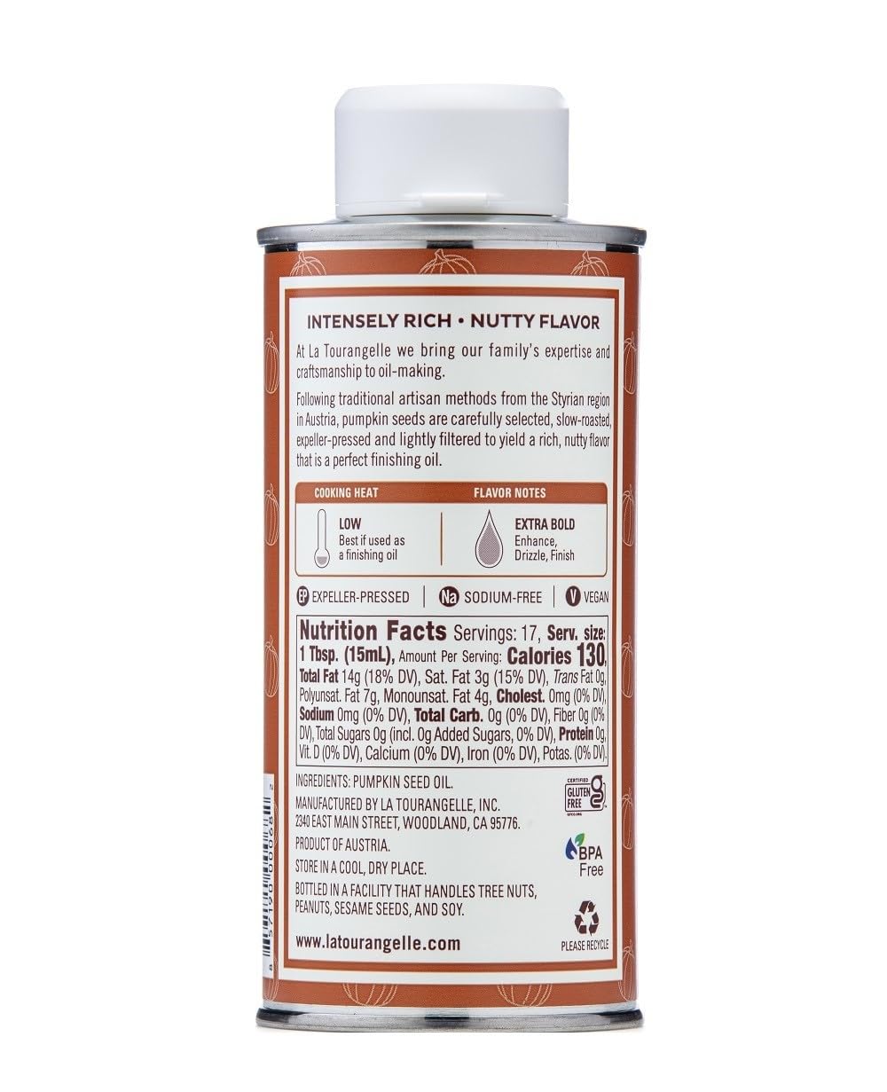 La Tourangelle Toasted Pumpkin Seed Oil, for Cooking, Dressings, 8.45 fl oz | Made Using Traditional Styrian Techniques, Great for Pastas and Spreads, Health and Beauty Oil, Gluten Free, Non-GMO