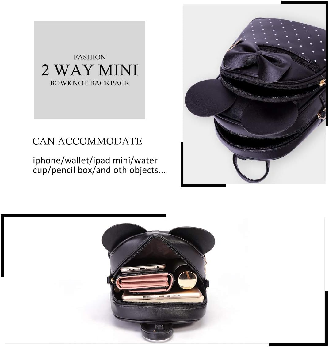 KL928 Girls Mini Backpack Bowknot Polka Dot Cute Small Daypacks Convertible Shoulder Bag Purse for Women