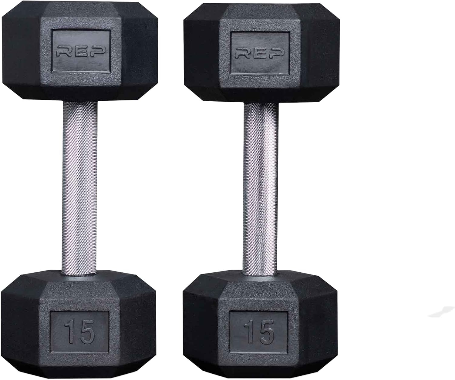 Rep Fitness Rubber Hex Dumbbell(s) - Singles (55LB +) and Pairs (5LB - 50LB) - Low Odor, Fully Knurled Handle