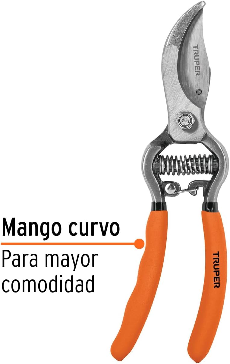 Truper Bypass Pruners, 8", Forged, Stainless Steel Blade, Serrated, Ambidextrous, Round Point, Classic, 0.35 kg, Garden Scissors