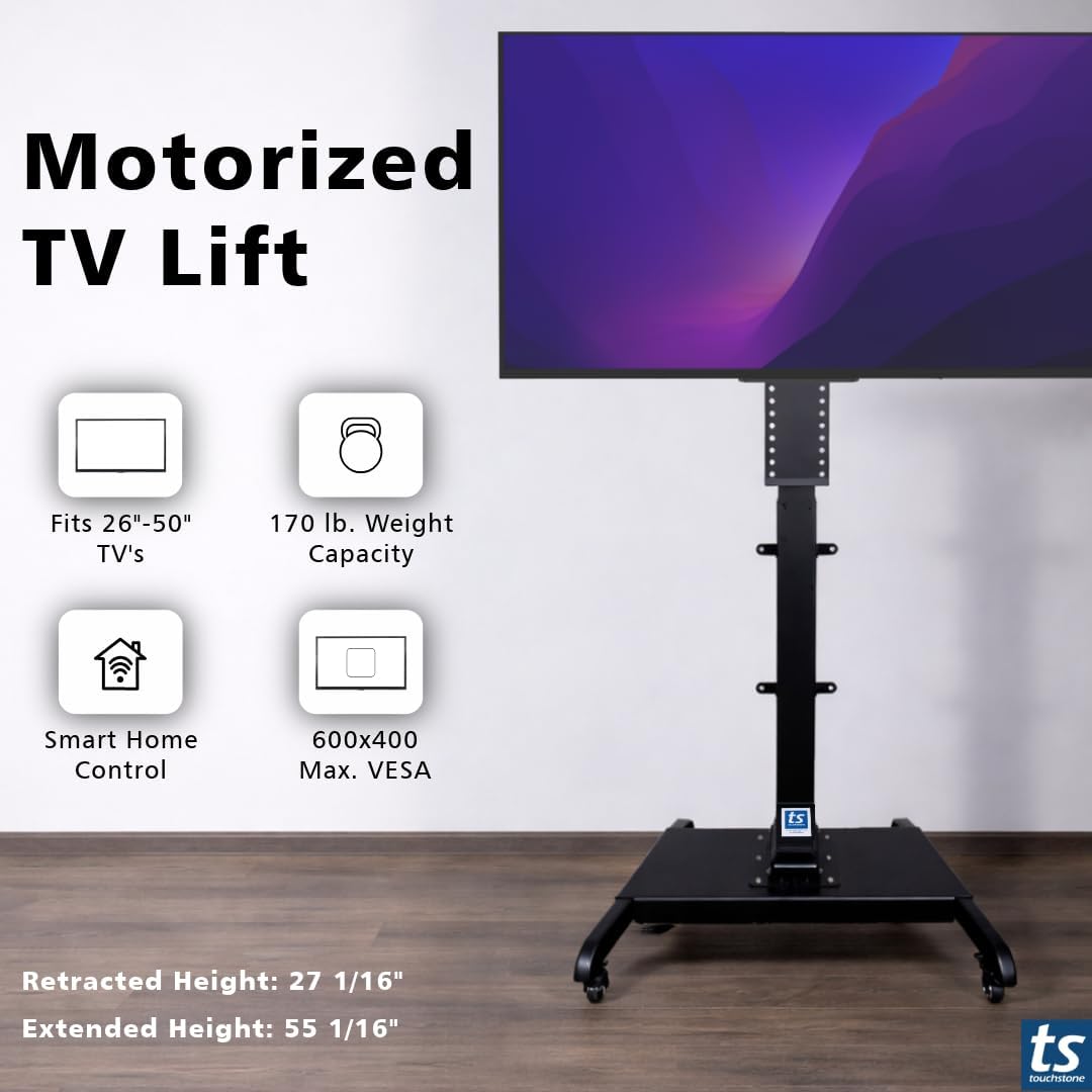 Touchstone Valueline 30003 Smart Motorized TV Lift for 26–50” TVs – Pop-Up Cabinet Mount, Alexa & Google Enabled, 5-Year Warranty, 28” Travel, 170 lb Capacity, RF & Wired Remotes