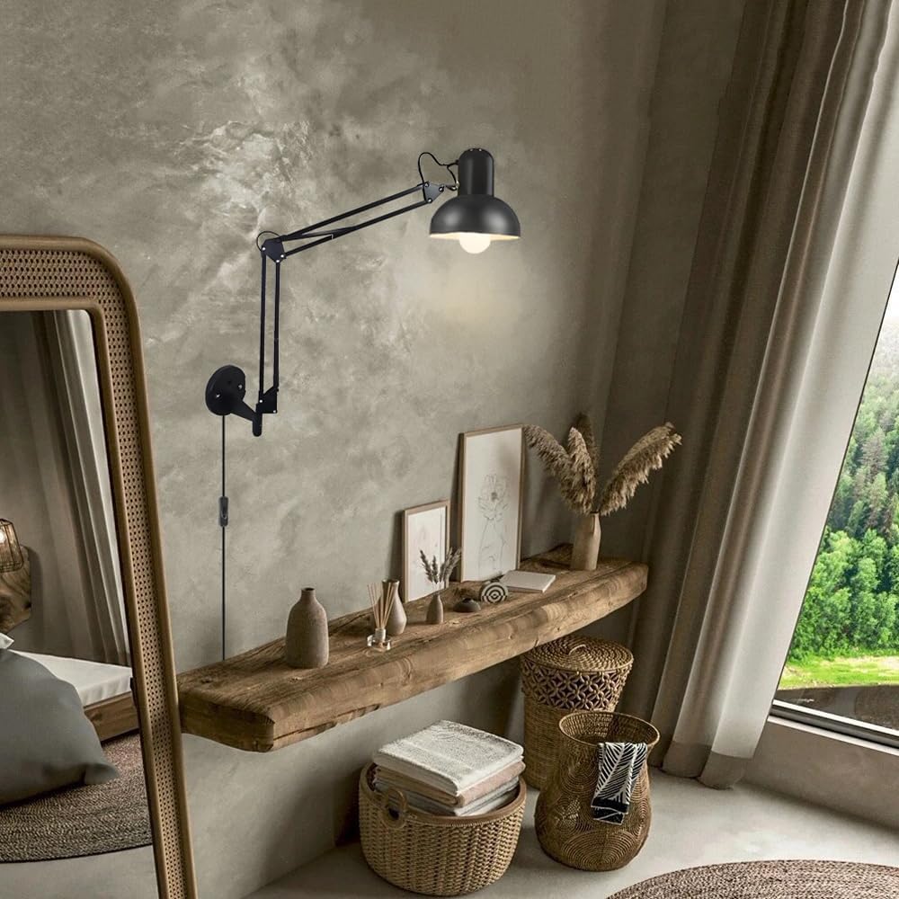 Black Industrial Swing Arm Wall Light Nordic Adjustable Long Arm Wall Sconces Lamp Metal Double-arms Folding Architect Work Wall Mount Lighting for