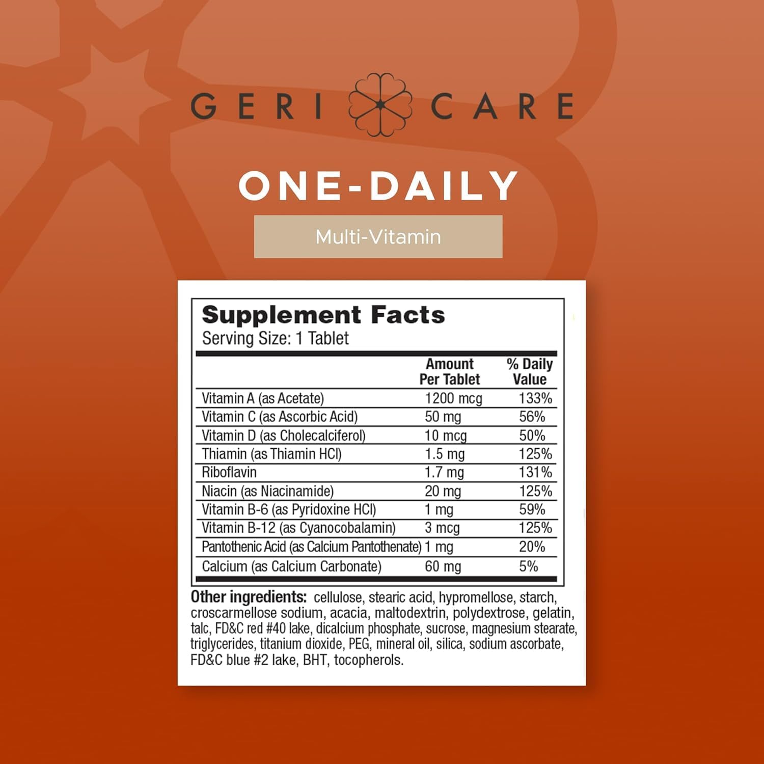 GeriCare One-Daily Multi-Vitamin Tablet, 100 Count Adult Multivitamin Supplement | Easy-to-Take Dietary Supplement with Vitamins A, C, D3, B, Calcium| Vitamin & Mineral Complex (2 Pack)