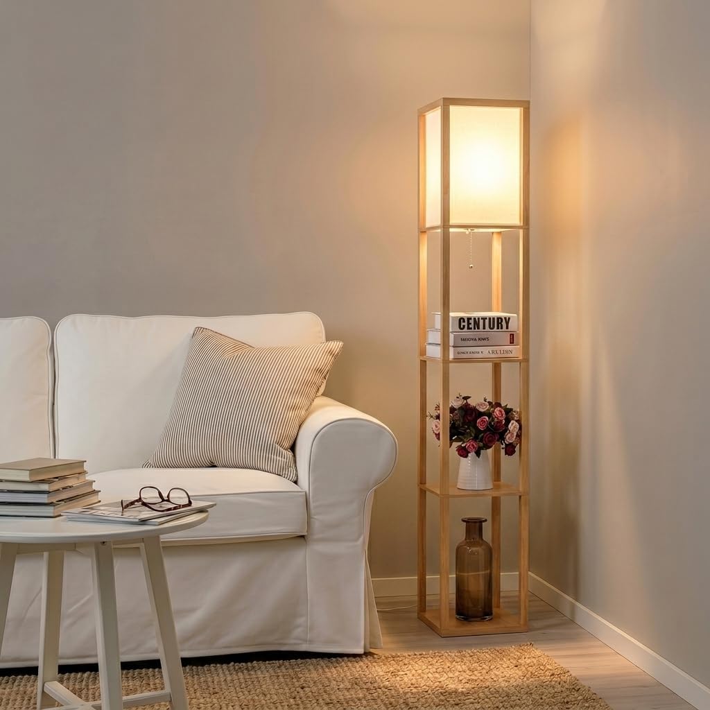 Brightech Maxwell - Modern Shelf Floor Lamp with Lamp Shade & Warm White LED Bulb, Corner Display Floor Lamp with Shelves for Living Room, Bedroom, Nightstand Office, Home Decor Storage - Natural Wood
