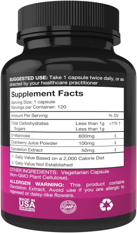 D-Mannose Capsules, 600mg D mannose with Cranberry, 120 Caps | 750mg Formula for Bladder, Urinary Tract and UTI Support, D-Mannose