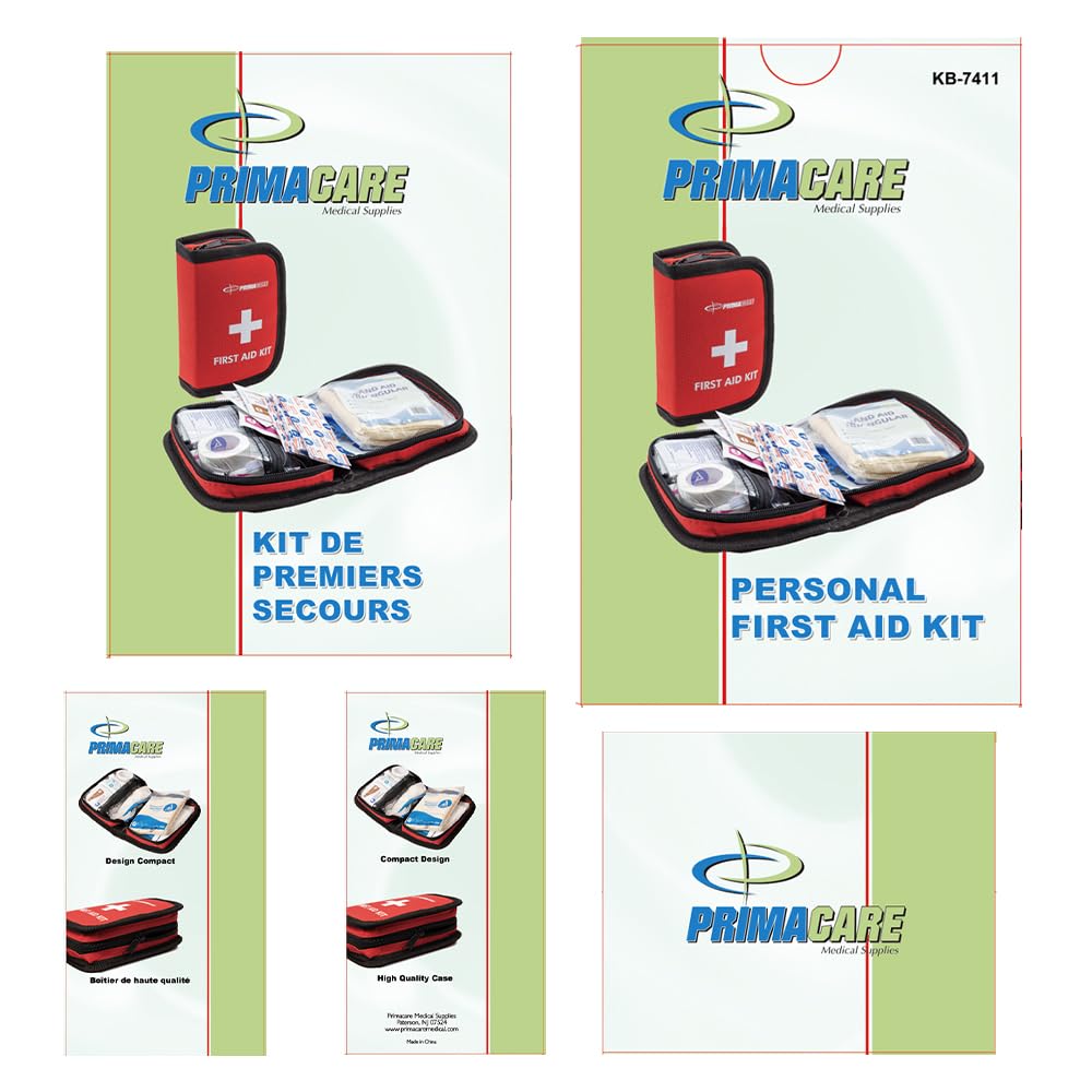 Primacare KB-7411 45 Piece Personal First Aid Kit, 6"x4"x1", with Emergency Medical Supplies, Pocket Size Essential Travel Bag, Med Kits, Red