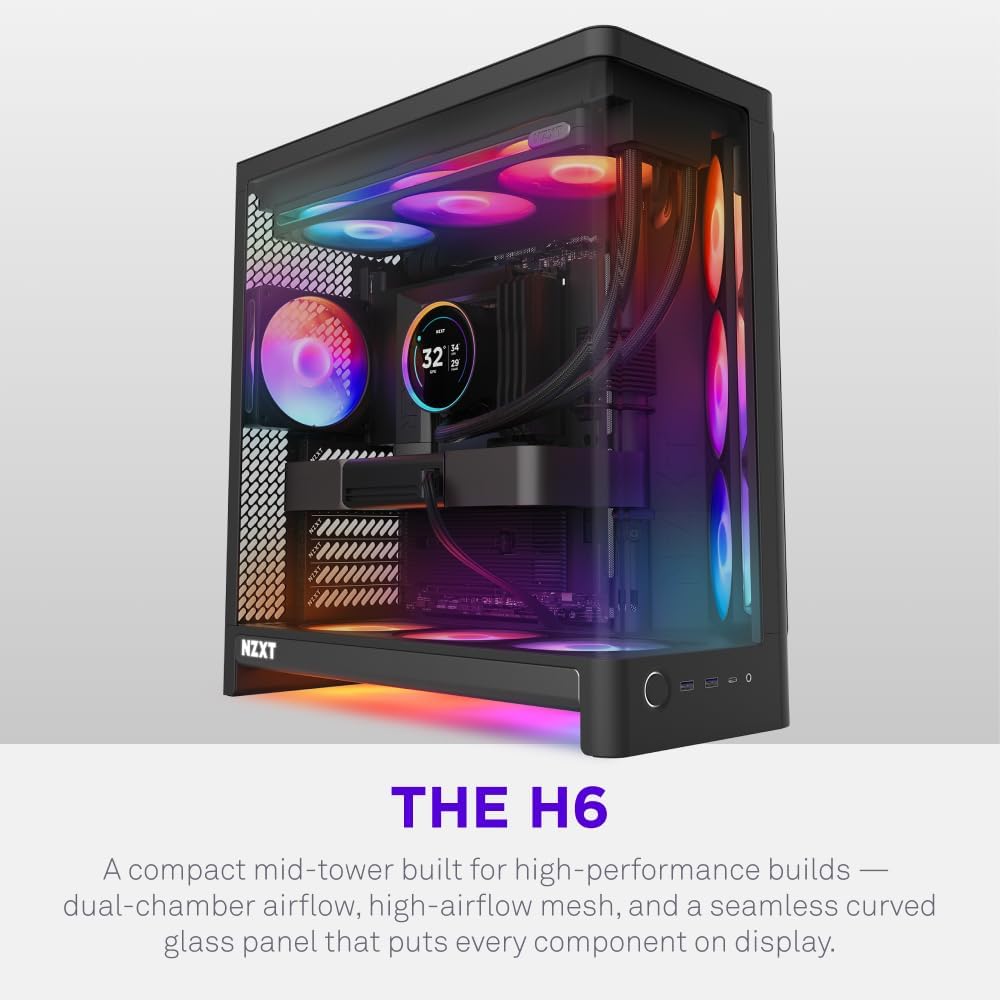 NZXT H6 - Compact Dual-Chamber ATX PC Case - White | Dual-chamber ATX case supporting up to 10 120mm fans and 360mm radiators, with back-connect motherboard compatibility.
