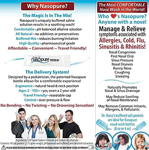 Nasopure Nasal Wash, Refill Kit, “The Nicer Neti Pot” Sinus Wash Kit, Comfortable Nasal Rinse 40 Salt Packets (3.75 Grams Each), Nasal Congestion