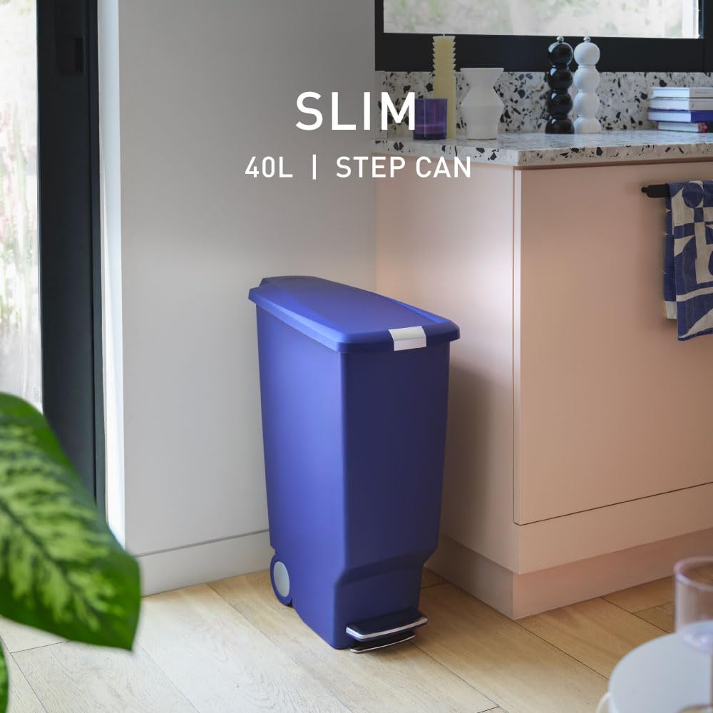 simplehuman 40 Liter / 10.6 Gallon Slim Kitchen Step Trash Can With Secure Slide Lock, Black Plastic
