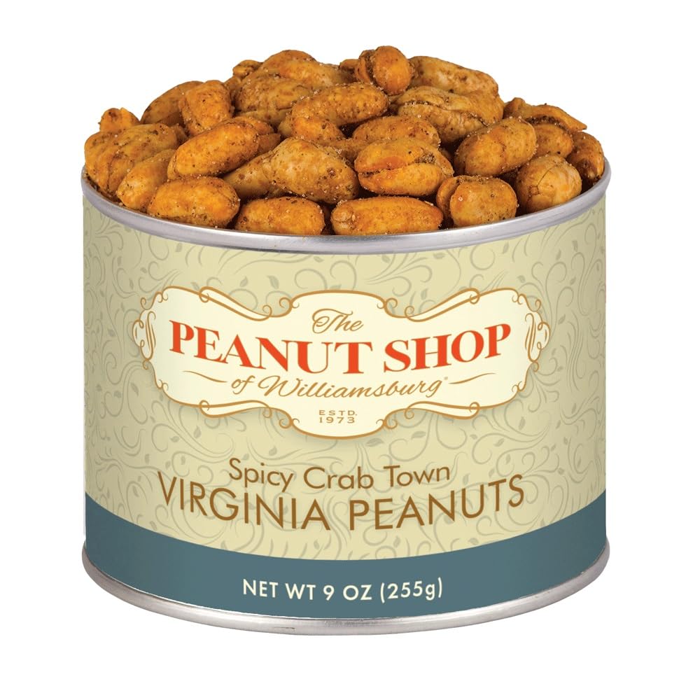 The Peanut Shop of Williamsburg Williamsburg Peanuts Crab Town seasoning, Lightly Salted Large Virginia Peanuts, Hand Cooked, Gluten Free - 9 Oz Tin
