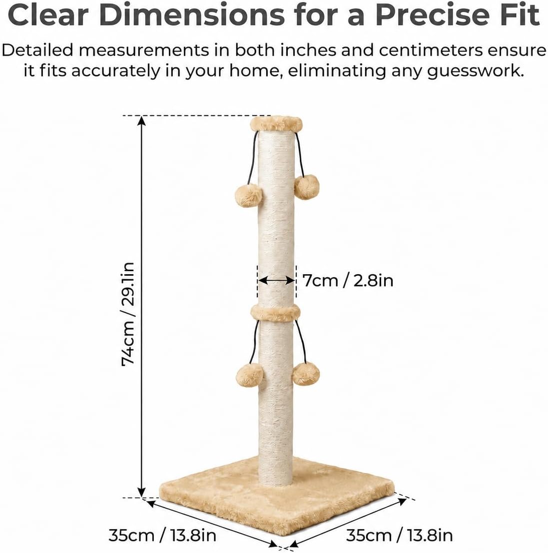 Dimaka 29'' Cat Scratching Post, Natural Sisal Rope Scratcher Post, Kitten Claw Scratch with 4 DanglingToy Balls for Large Cats (Grey)
