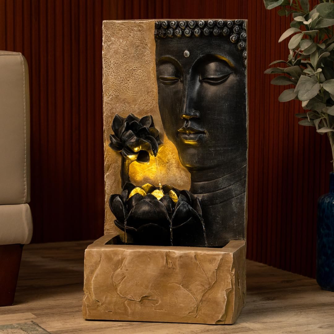 XBrand 30" H Zen Buddha Face Water Fountain w/LED Light & Pump, Indoor/Outdoor Freestanding, Relaxing Zen Décor