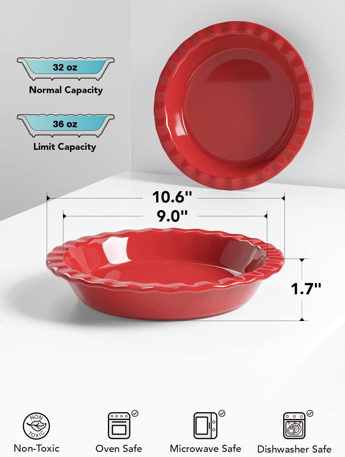 LE TAUCI Ceramic Pie Pans Plate for Baking, 9 inch Deep Dish Baking Dish, 52 ounce Bakeware for Apple Pecan Pie, Set of 2, White