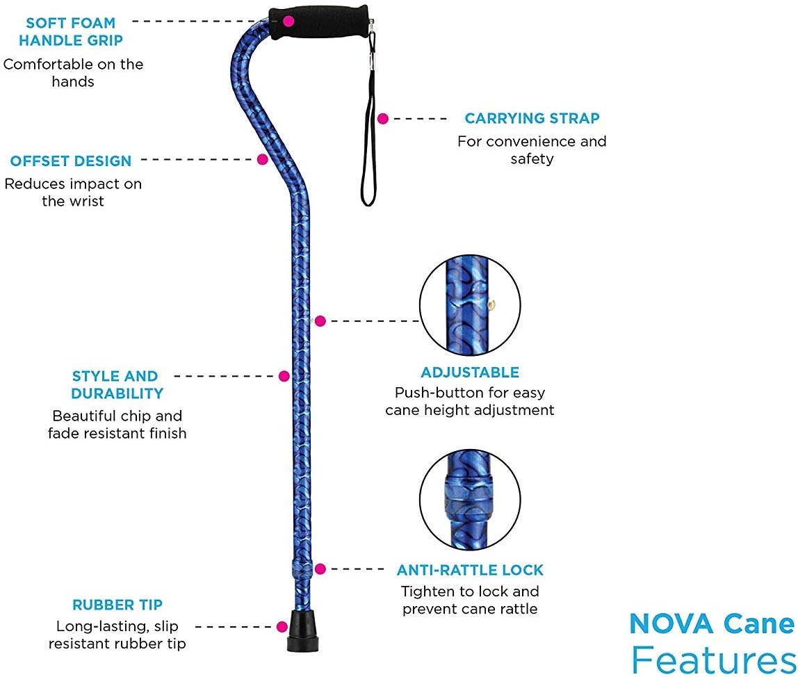 NOVA Designer Walking Cane with Offset Handle, Lightweight Adjustable Walking Stick with Carrying Strap, “Maui Flowers” Design