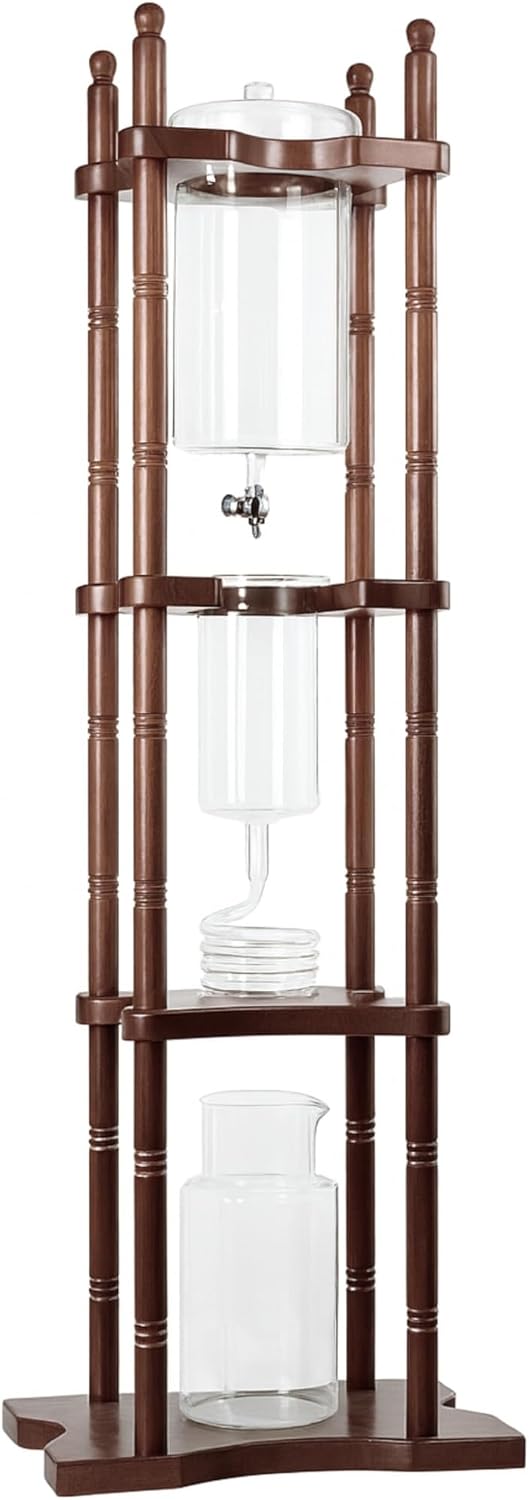Nispira Iced Coffee Cold Brew Drip Tower Coffee Maker, 6–8 Cup Manual Cold Brew Brewer with Adjustable Valve, Wooden Frame & Glassware, Slow Cold Extraction System