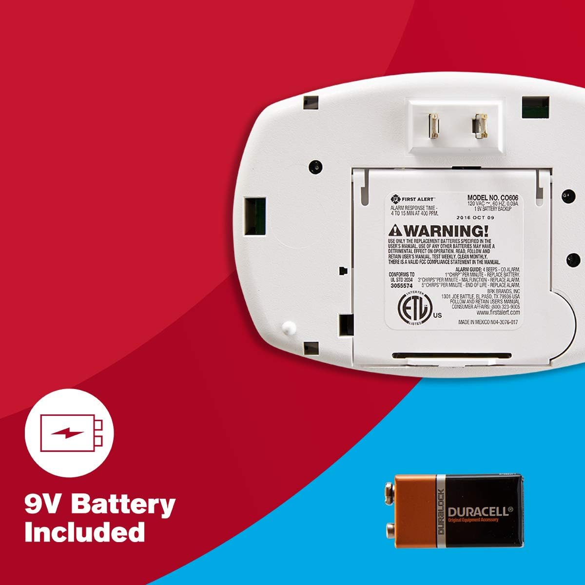 First Alert Plug in Carbon Monoxide Alarm | CO606, 9V Battery Backup