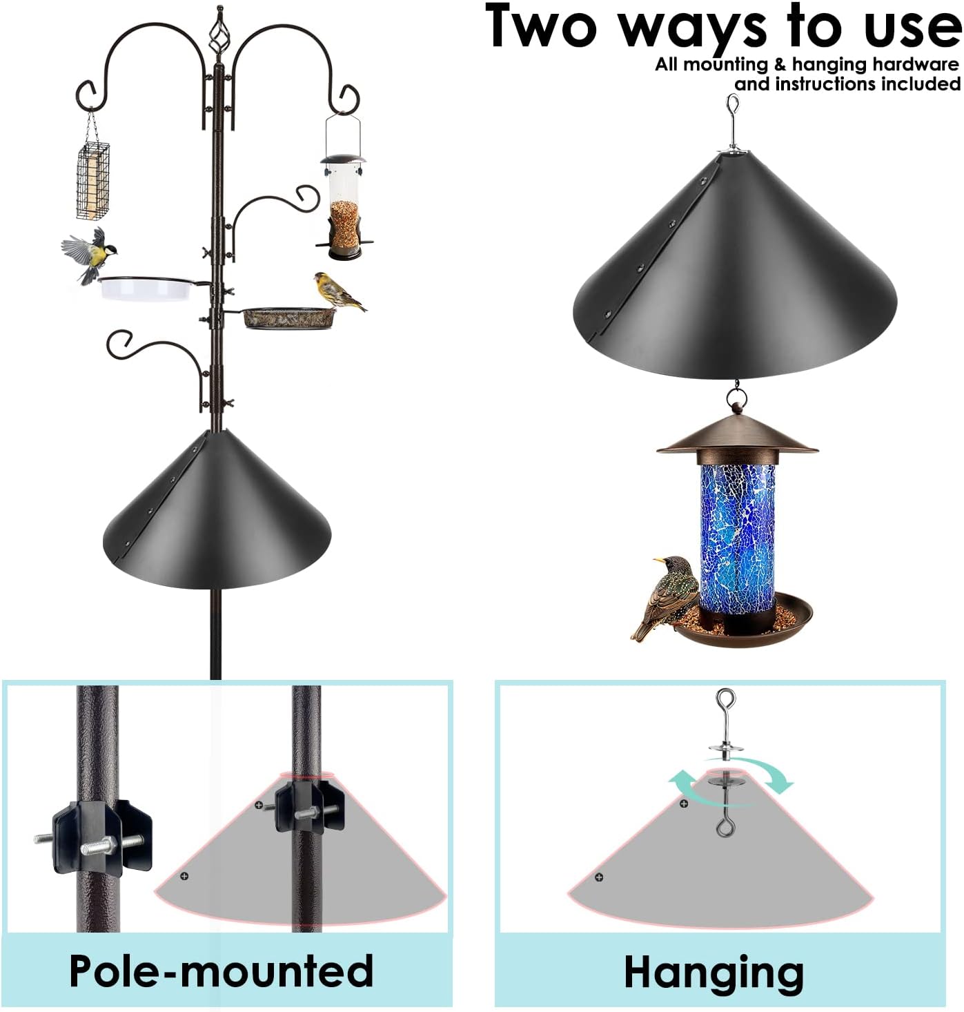 Deluxe Bird Feeding Station Kit with Multi Feeder Hanging Pole, Metal Suet Feeder, Bird Bath