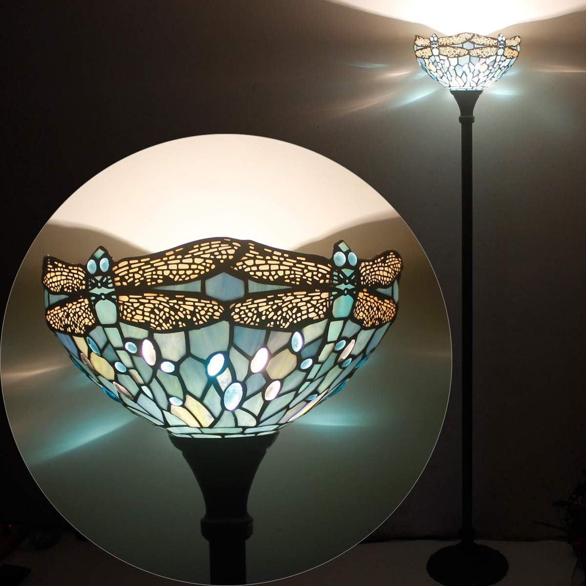WERFACTORY Tiffany Floor Lamp Sea Blue Stained Glass Torchiere Pole Light | 12X12X71 Inches Dragonfly Standing Corner Torch Uplight Decor Bedroom