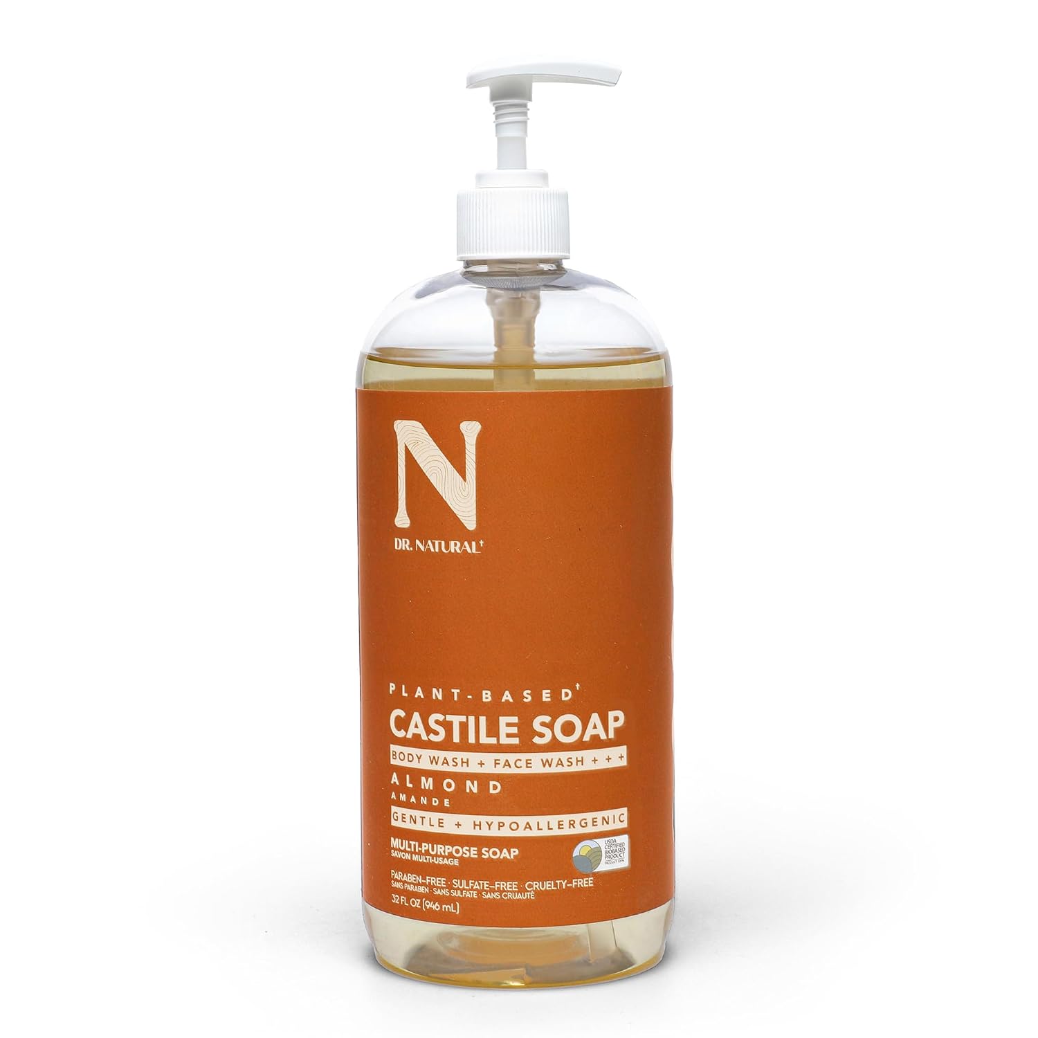 Dr. Natural Castile Liquid Soap - Multi-Use Body Wash, Shampoo and Face Wash - Hydrating Body Soap for Skin, Hair, Pets and Home - Eucalyptus - 32 oz
