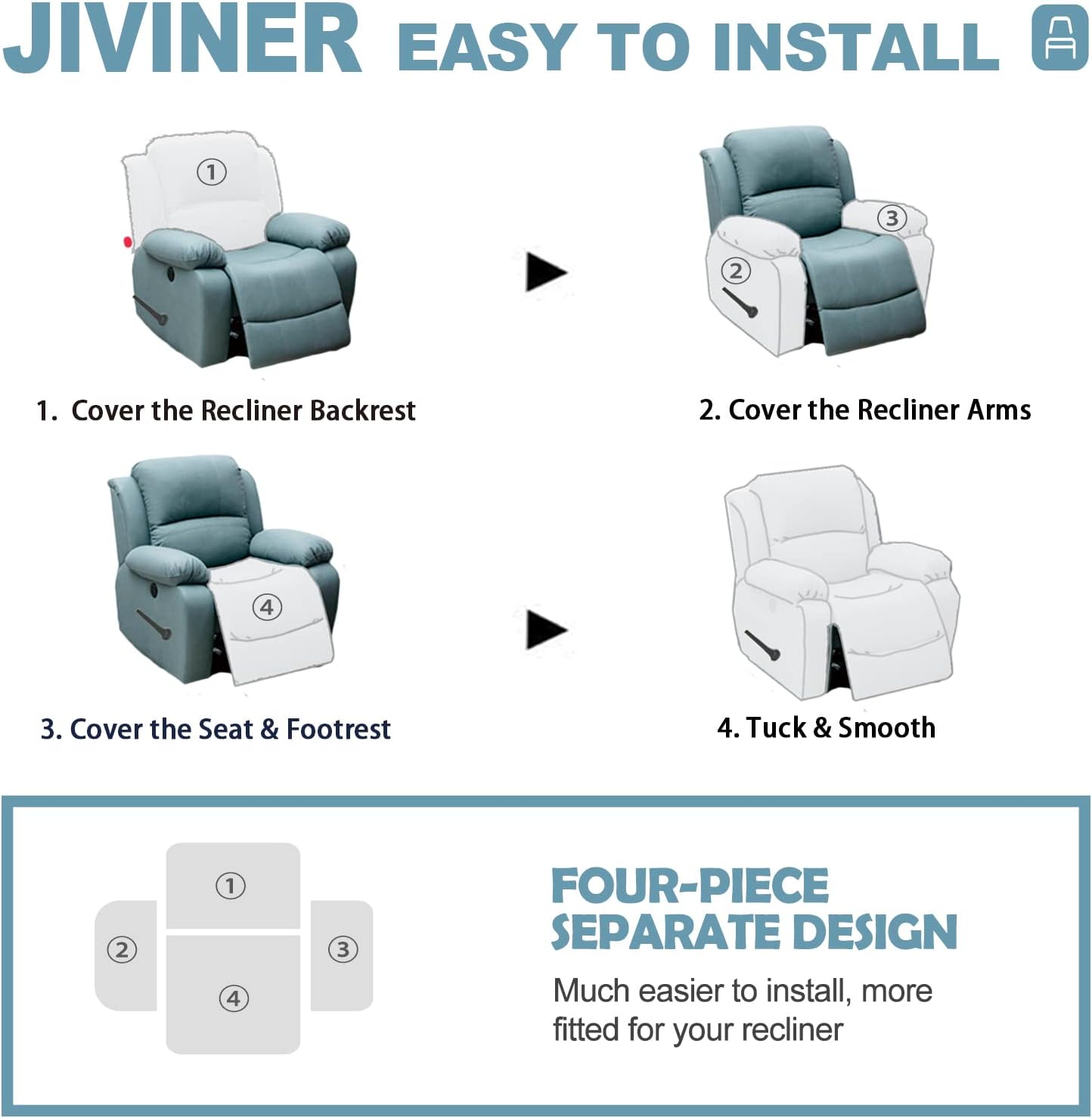 JIVINER Super Stretch Recliner Chair Covers 4 Pieces Sofa Slipcover for Reclining Chair Spandex Soft Recliner Slipcover with Pockets Recliner