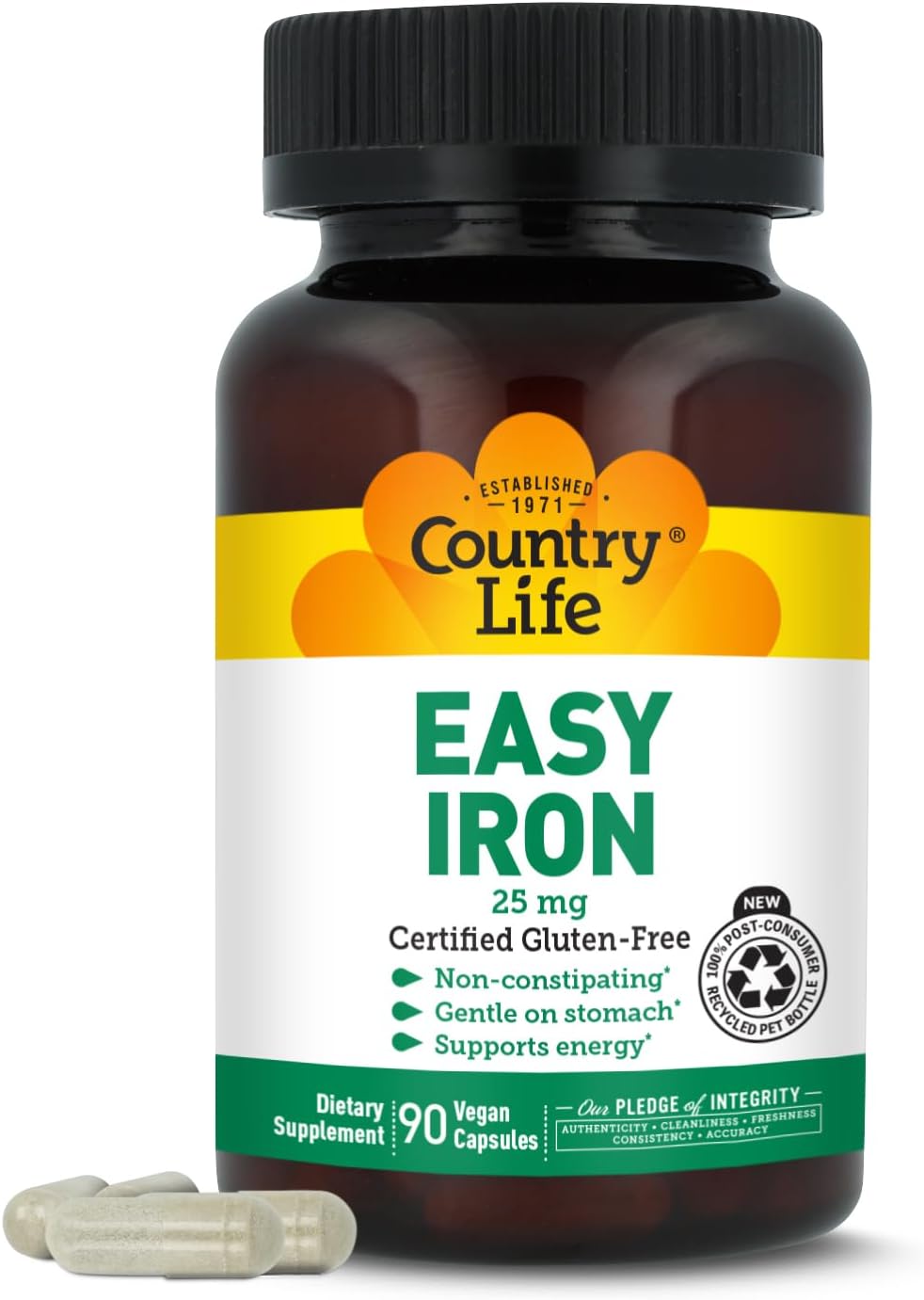 Country Life Easy Iron 25 mg with Ferrochel, 90 Capsules | Non-constipating and gentle on the stomach, Certified Gluten-Free, Vegan and Kosher Parve