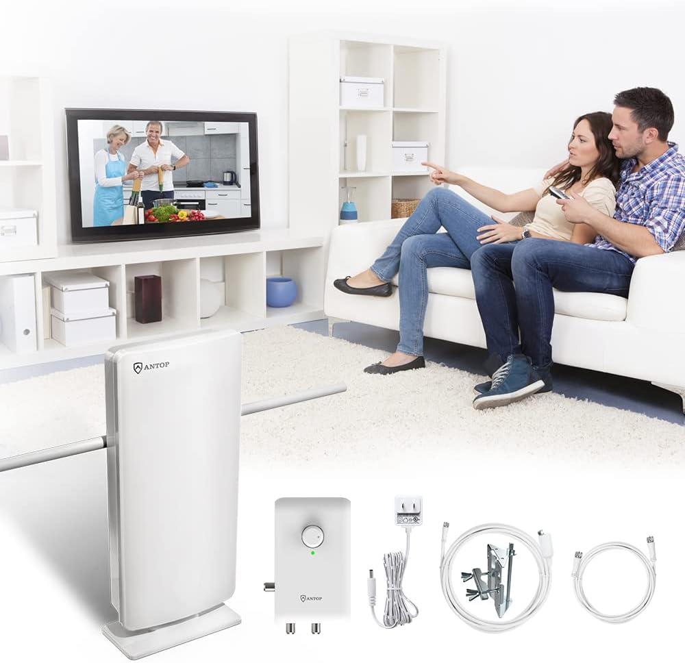 ANTOP HDTV ＆ FM Amplified Antenna 85 Miles AT-800SBS with Dual Outputs Smart Boost System, Support TV and Second Device-FM Stereo