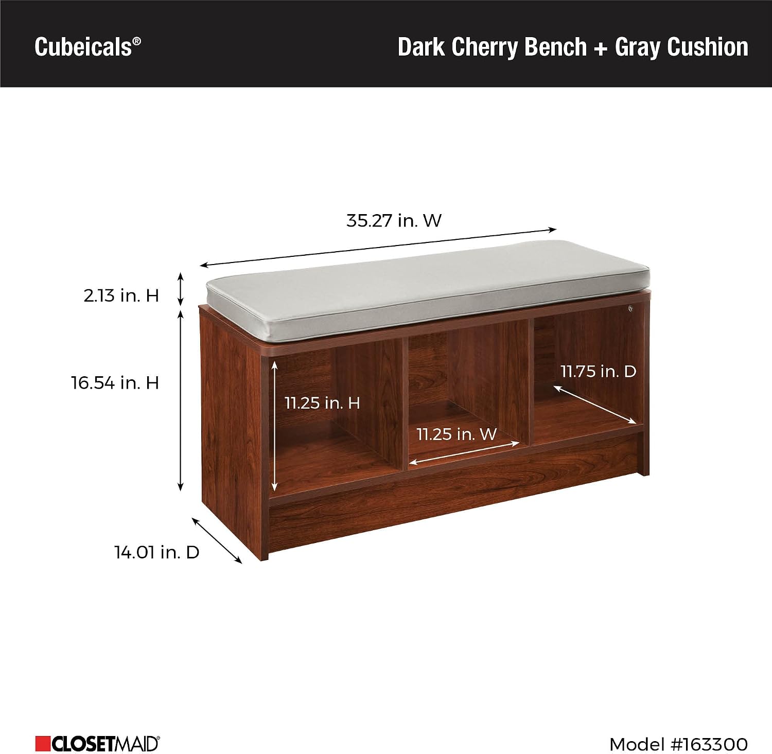 ClosetMaid 3258 Cubeicals 3-Cube Storage Bench, Natural Gray with Gray Cushion