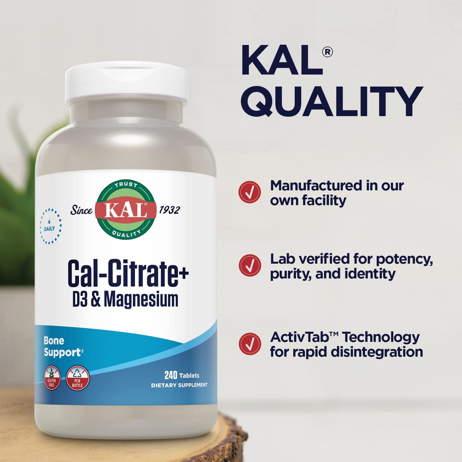 KAL Cal-Citrate+, Calcium Citrate Plus Vitamin D-3 and 500 mg of Magnesium, Healthy Bones and Teeth Support, Gluten Free and Lab Verified for Quality