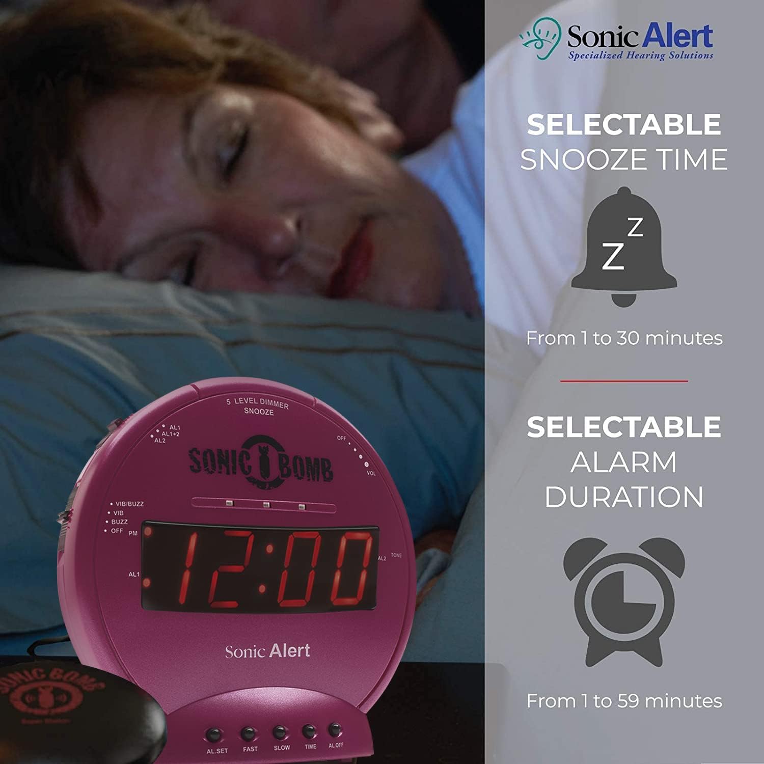 Sonic Bomb Dual Extra Loud Alarm Clock with Bed Shaker, Black | Sonic Alert Vibrating Alarm Clock Heavy Sleepers, Battery Backup | Wake with a Shake