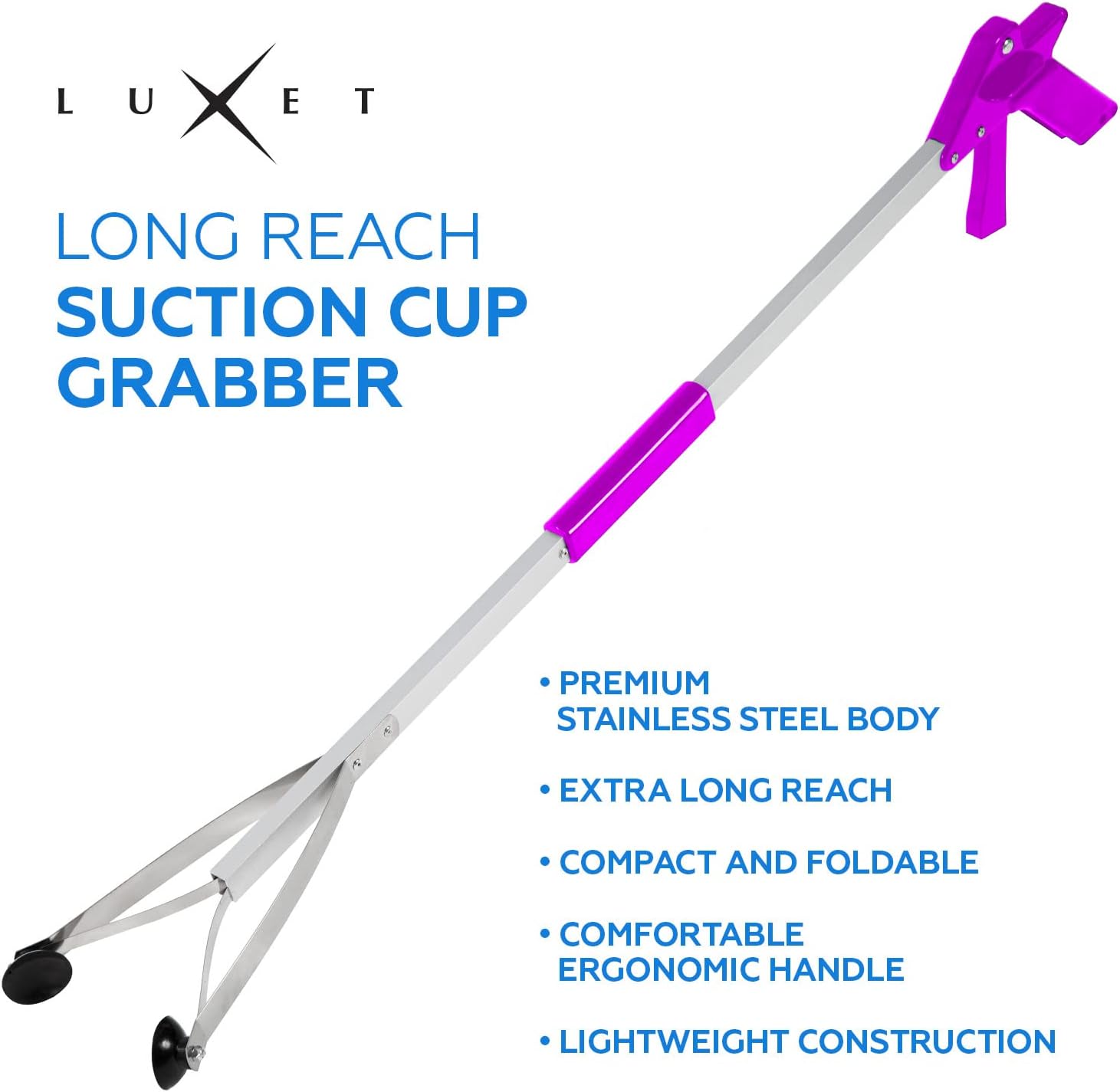 Grabber Reacher Suction Cup Grip Tool- Long 32 Inch Foldable Strong Heavy Duty Aluminum Pick Up Stick - Lightweight Trash Litter Picker Claw