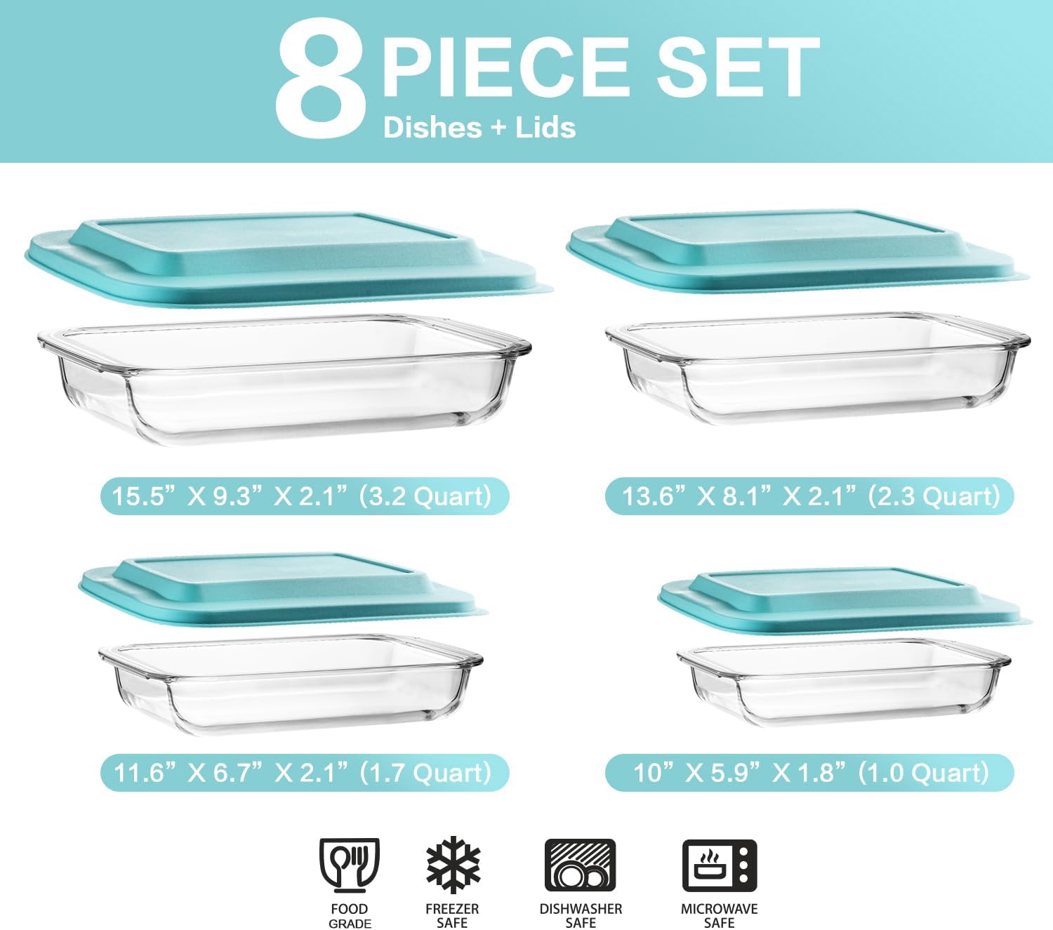 M MCIRCO 8 Piece Deep Glass Baking Dish with Lids, BPA free,Gray