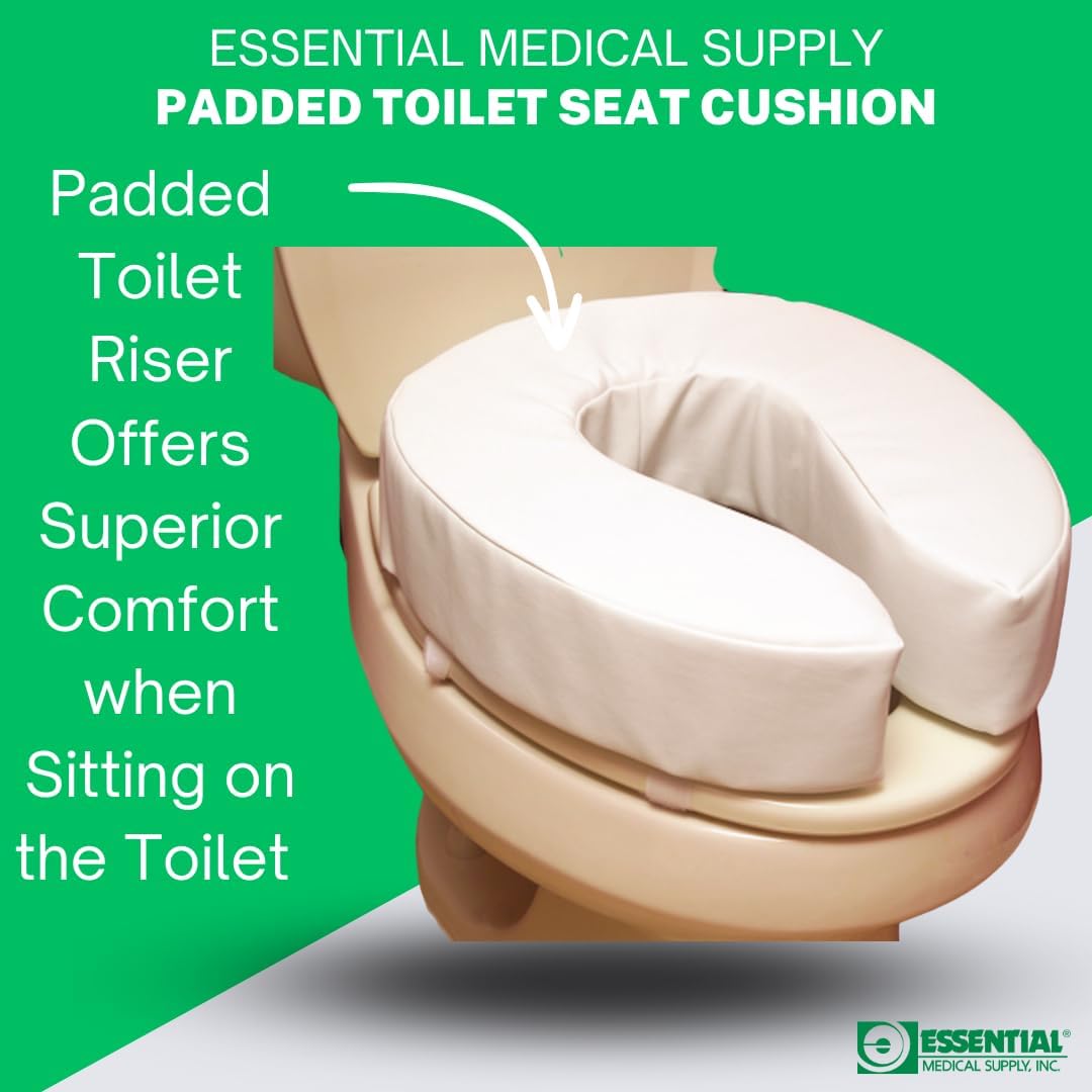 Essential Medical Supply Foam Padded Toilet Seat Cushion Riser with Hook and Loop Attachment for Toilet Seat and Washable Vinyl Cover, 2"