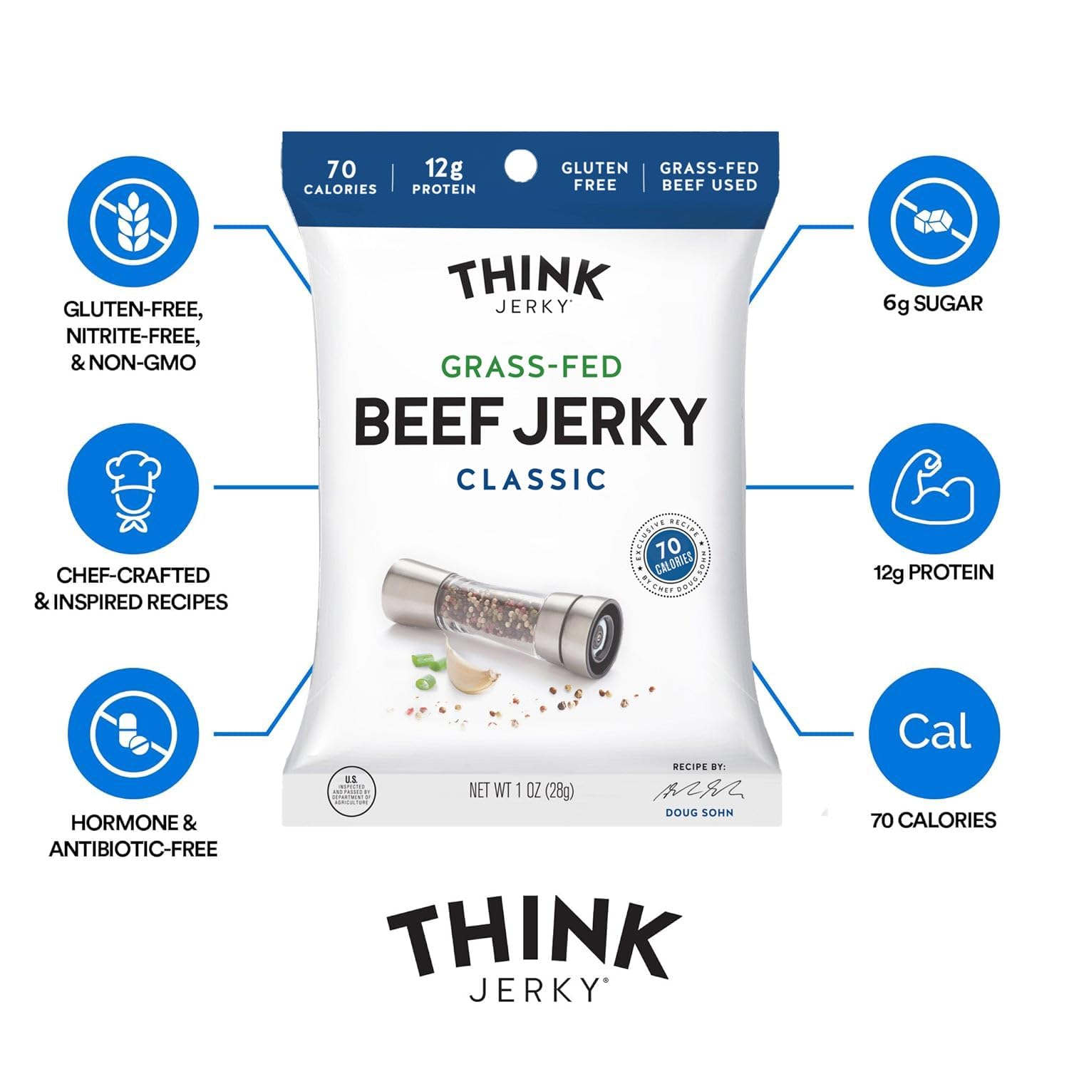 Think Jerky Sesame Teriyaki Beef Jerky, Grass-Fed High Protein Beef Jerky, Gluten Free, No Antibiotics or Nitrates, Healthy Chef Crafted Recipe, Low Calorie and Low Fat - 2.2 oz Bags, 4 Pack