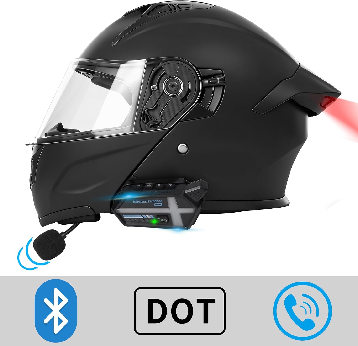 Bluetooth Modular Motorcycle Helmets with Tail Lights, DOT Certified Flip-Up Dual Visor Full Face Helmets for Men & Women Moto ATV UTV Snowmobile ADV Four Wheeler Street Bike